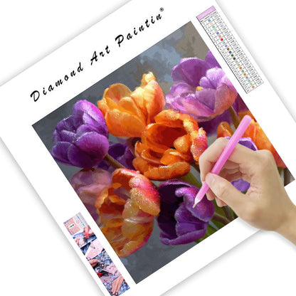 Orange och Lila Tulpanbukett - Diamantmålning