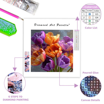 Orange och Lila Tulpanbukett - Diamantmålning