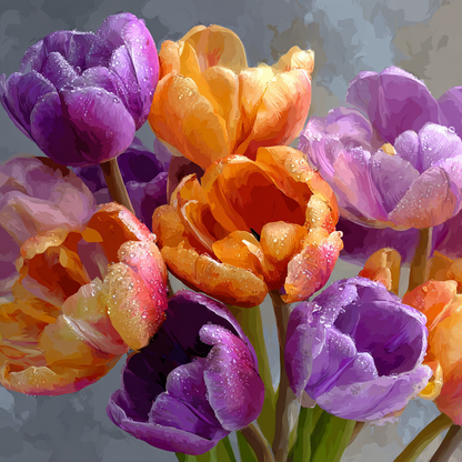 Orange och Lila Tulpanbukett - Diamantmålning