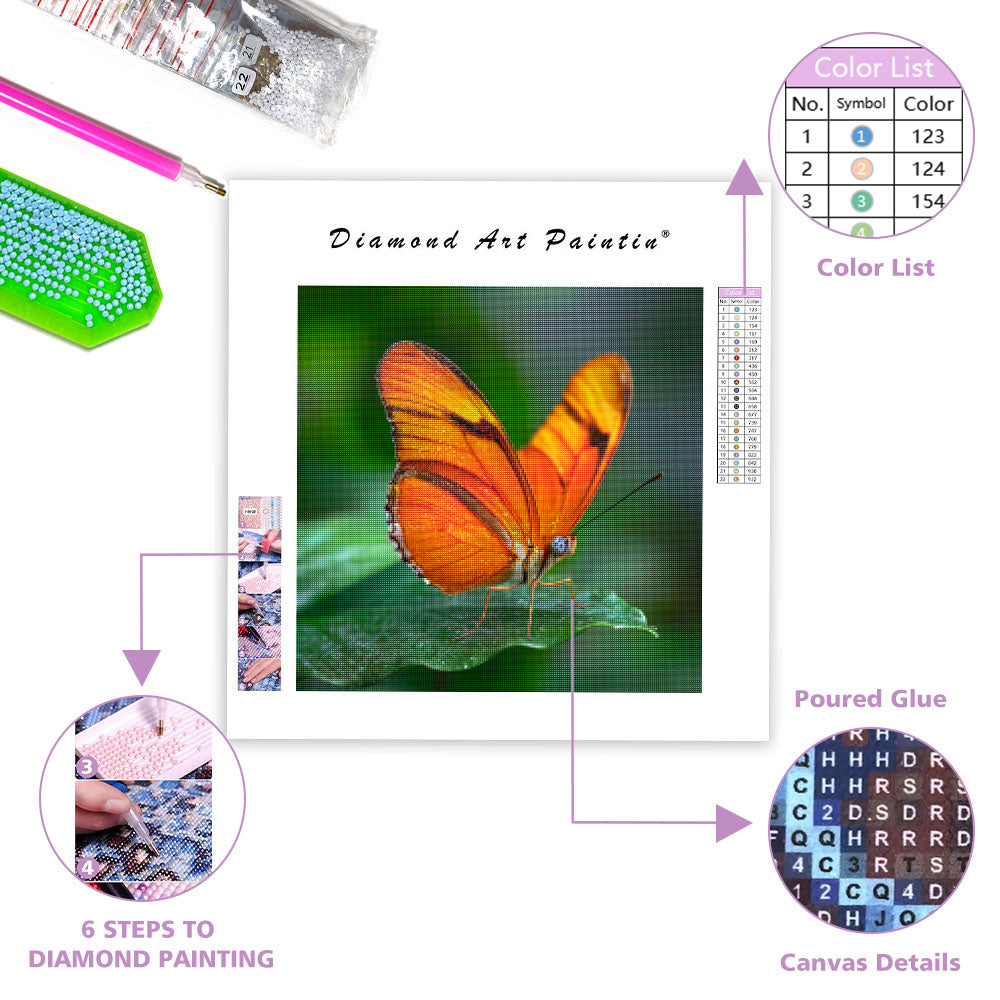 Orange Fjäril och Grönt Löv - Diamantmålning
