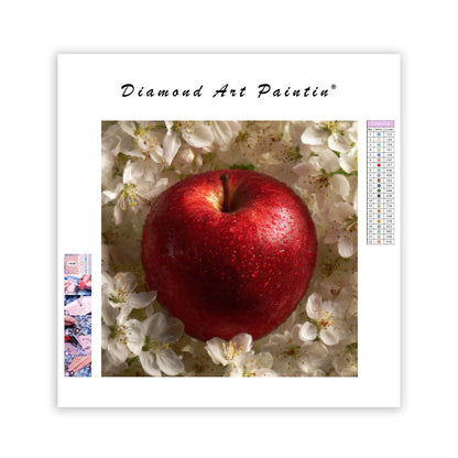 Rött Äpple och Vita Blommor - Diamantmålning