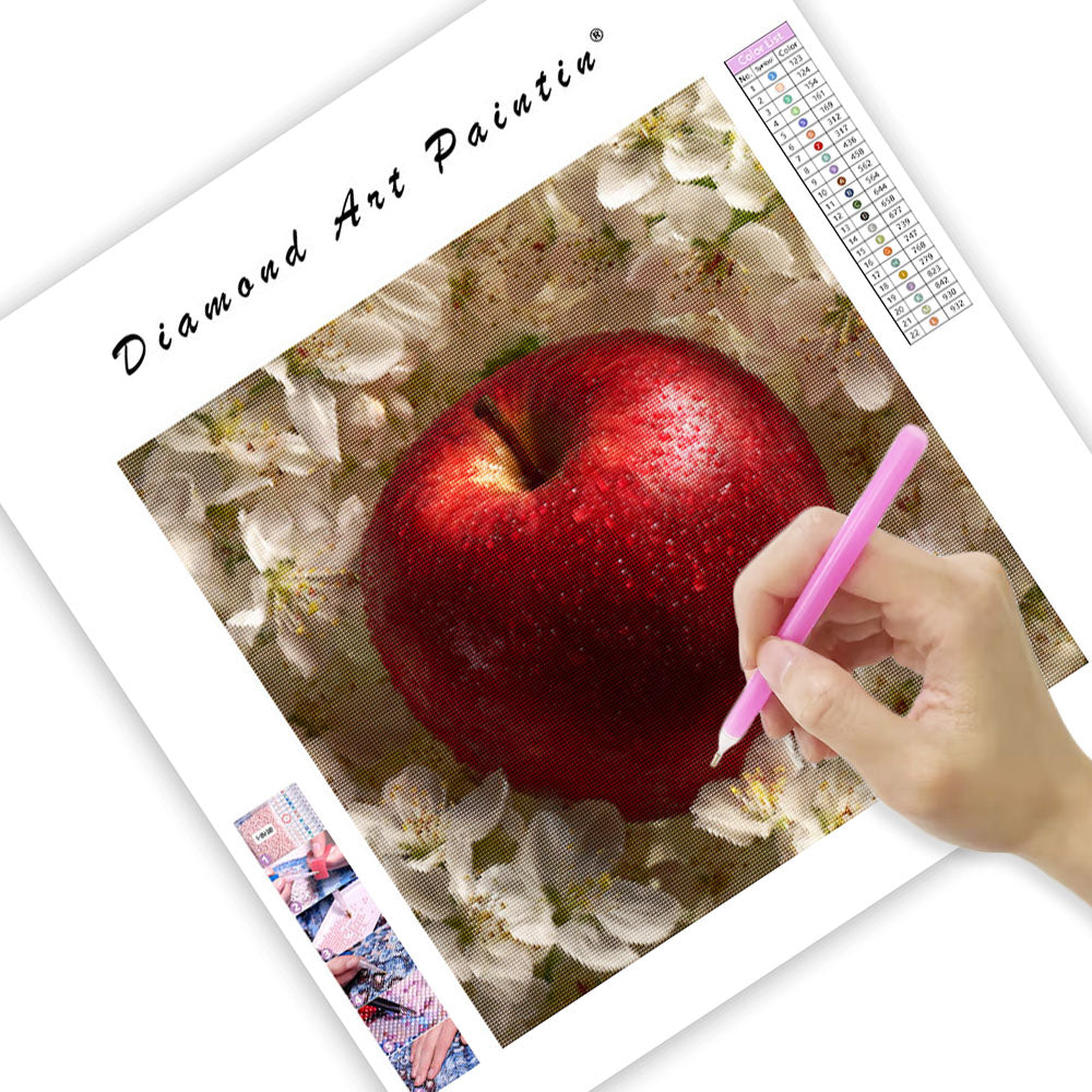 Rött Äpple och Vita Blommor - Diamantmålning