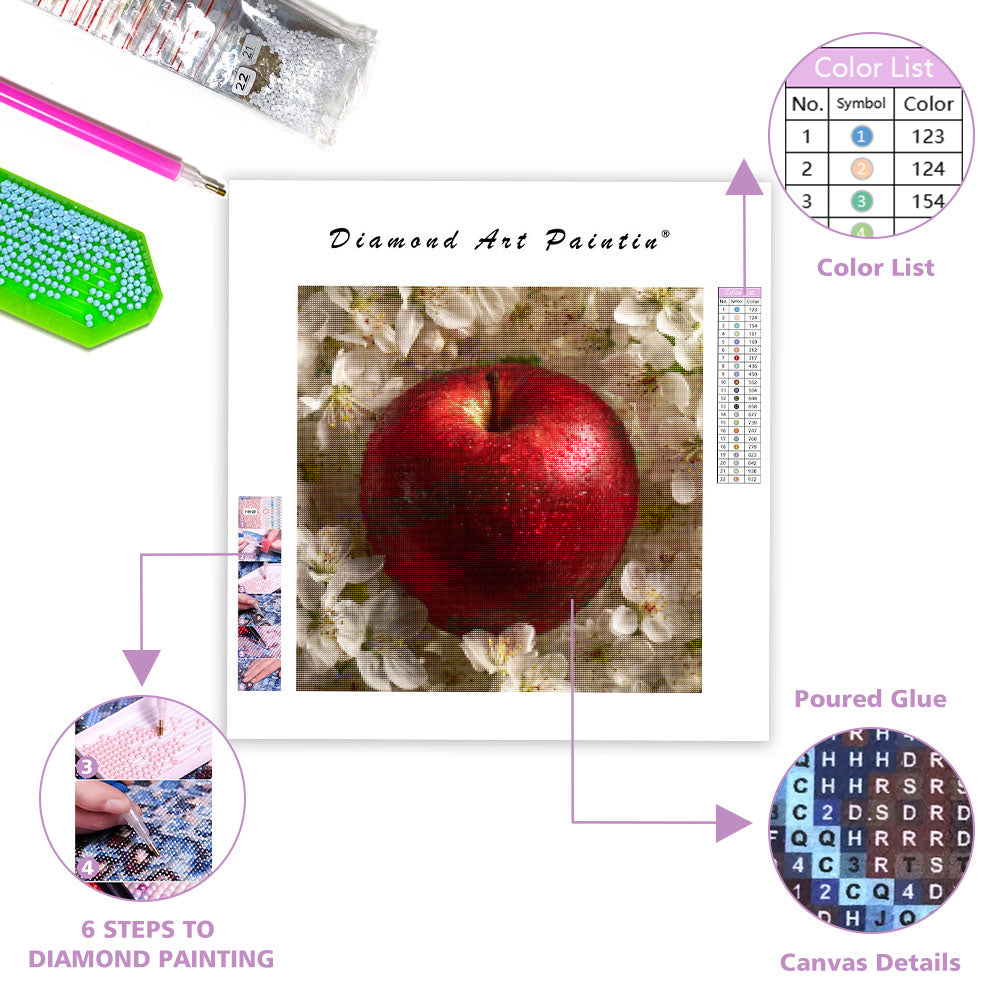 Rött Äpple och Vita Blommor - Diamantmålning