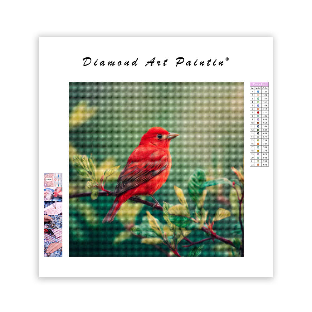 Röd Fågel och Gröna Grener - Diamantmålning