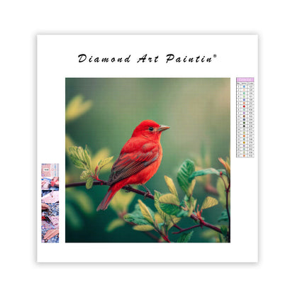 Röd Fågel och Gröna Grener - Diamantmålning