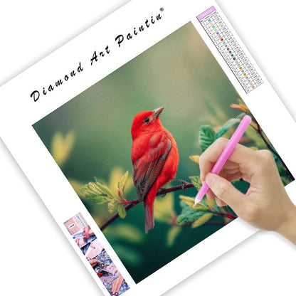 Röd Fågel och Gröna Grener - Diamantmålning