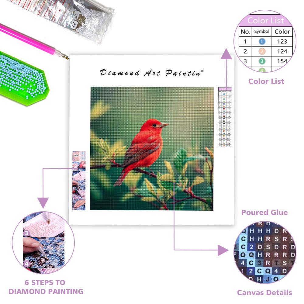 Röd Fågel och Gröna Grener - Diamantmålning