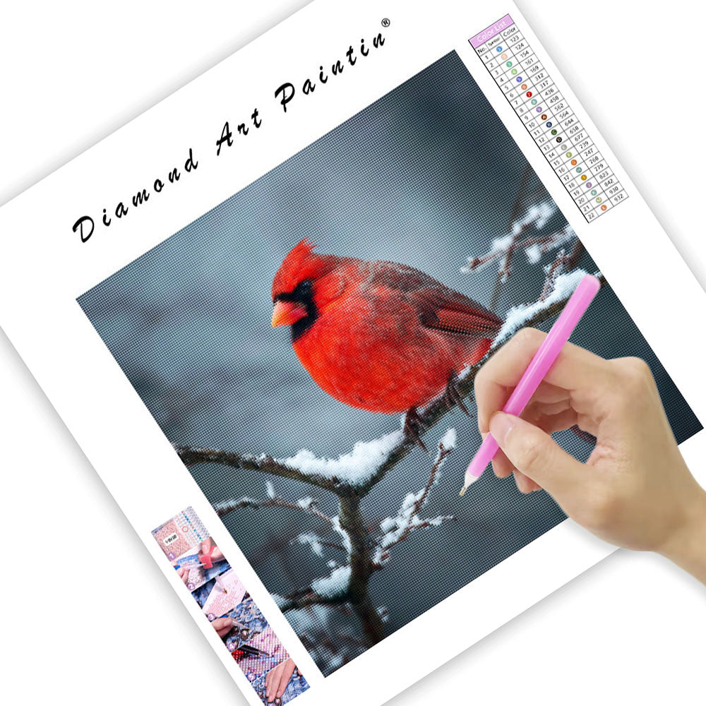 Röd Kardinal i Snö - Diamantmålning