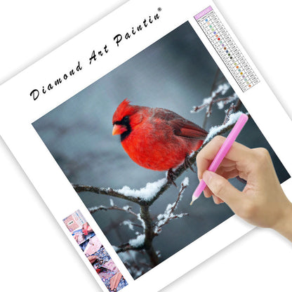 Röd Kardinal i Snö - Diamantmålning