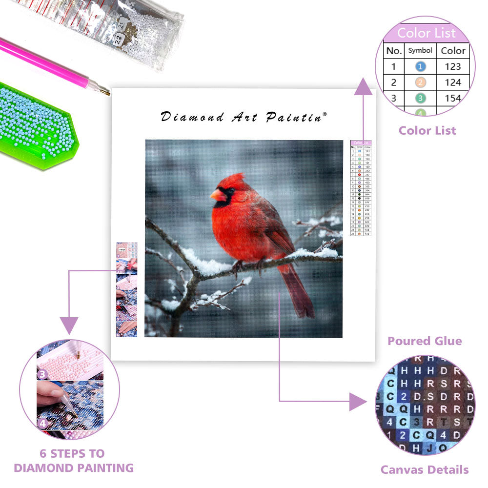 Röd Kardinal i Snö - Diamantmålning