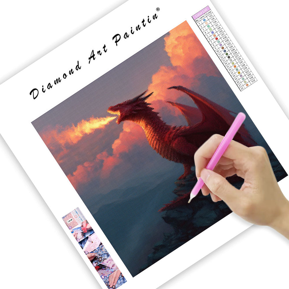 Röd Drake på Bergstopp - Diamantmålning