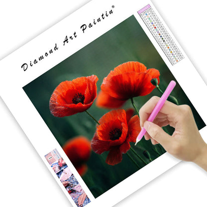 Röda Vallmo på Grön Äng - Diamantmålning