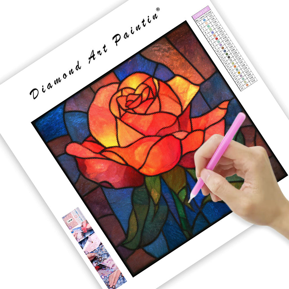 Ros i Glasmålat Fönster - Diamantmålning