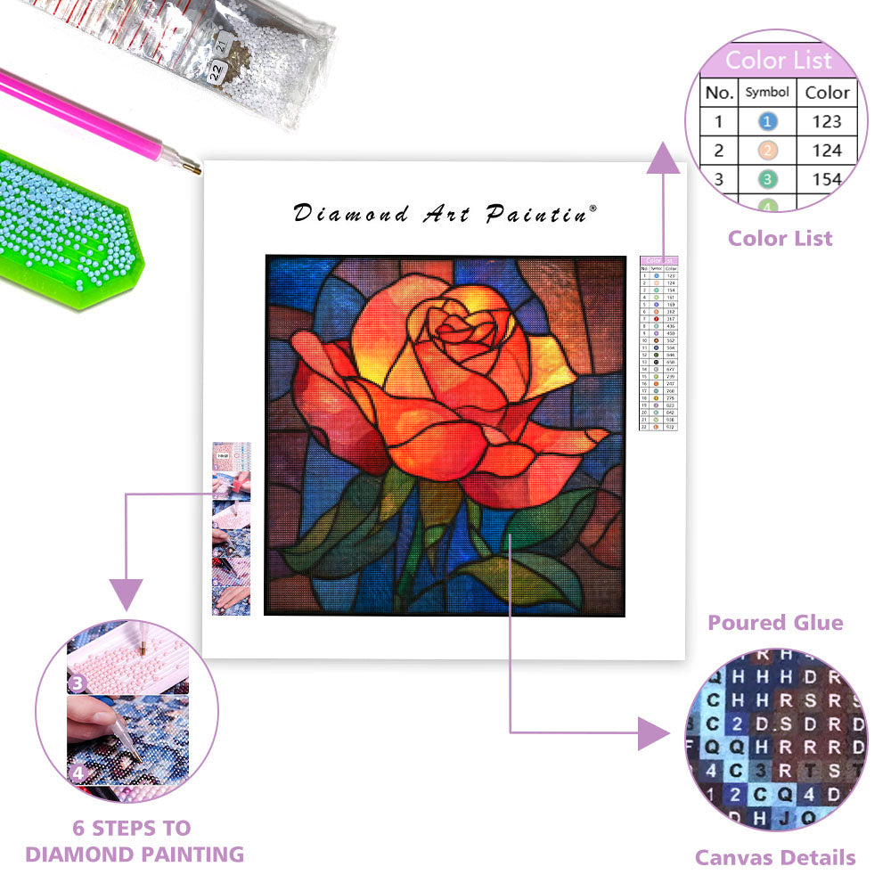 Ros i Glasmålat Fönster - Diamantmålning