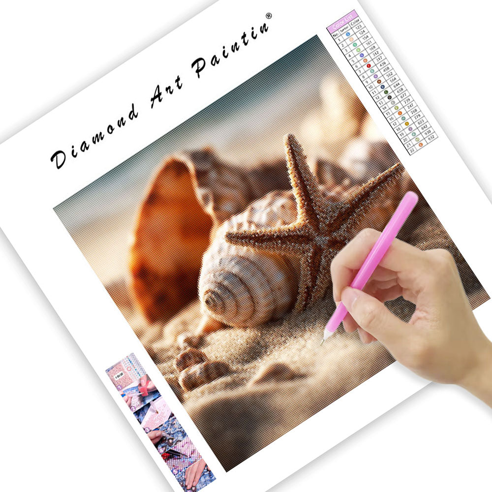 Snäckor och Sjöstjärnor på Stranden - Diamantmålning