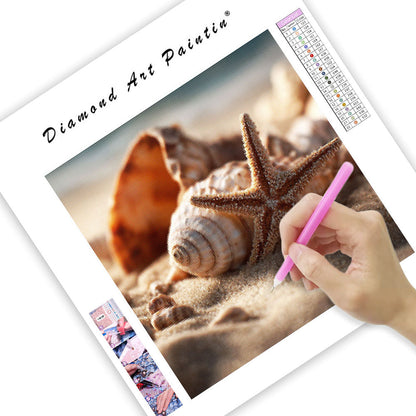 Snäckor och Sjöstjärnor på Stranden - Diamantmålning