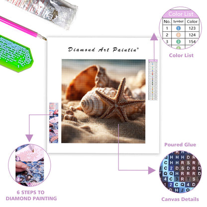 Snäckor och Sjöstjärnor på Stranden - Diamantmålning