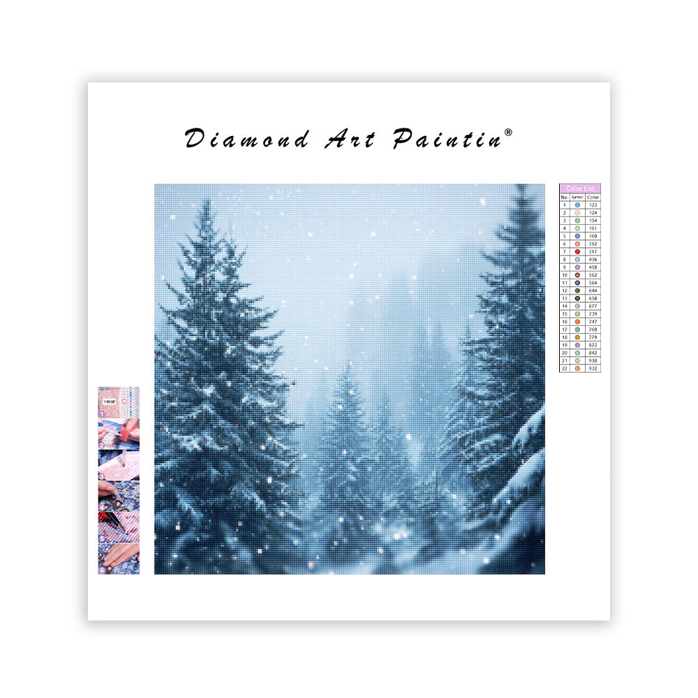 Snötäckta Tallar på Vintern - Diamantmålning