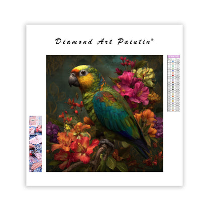 Tropisk Papegoja och Blommor - Diamantmålning