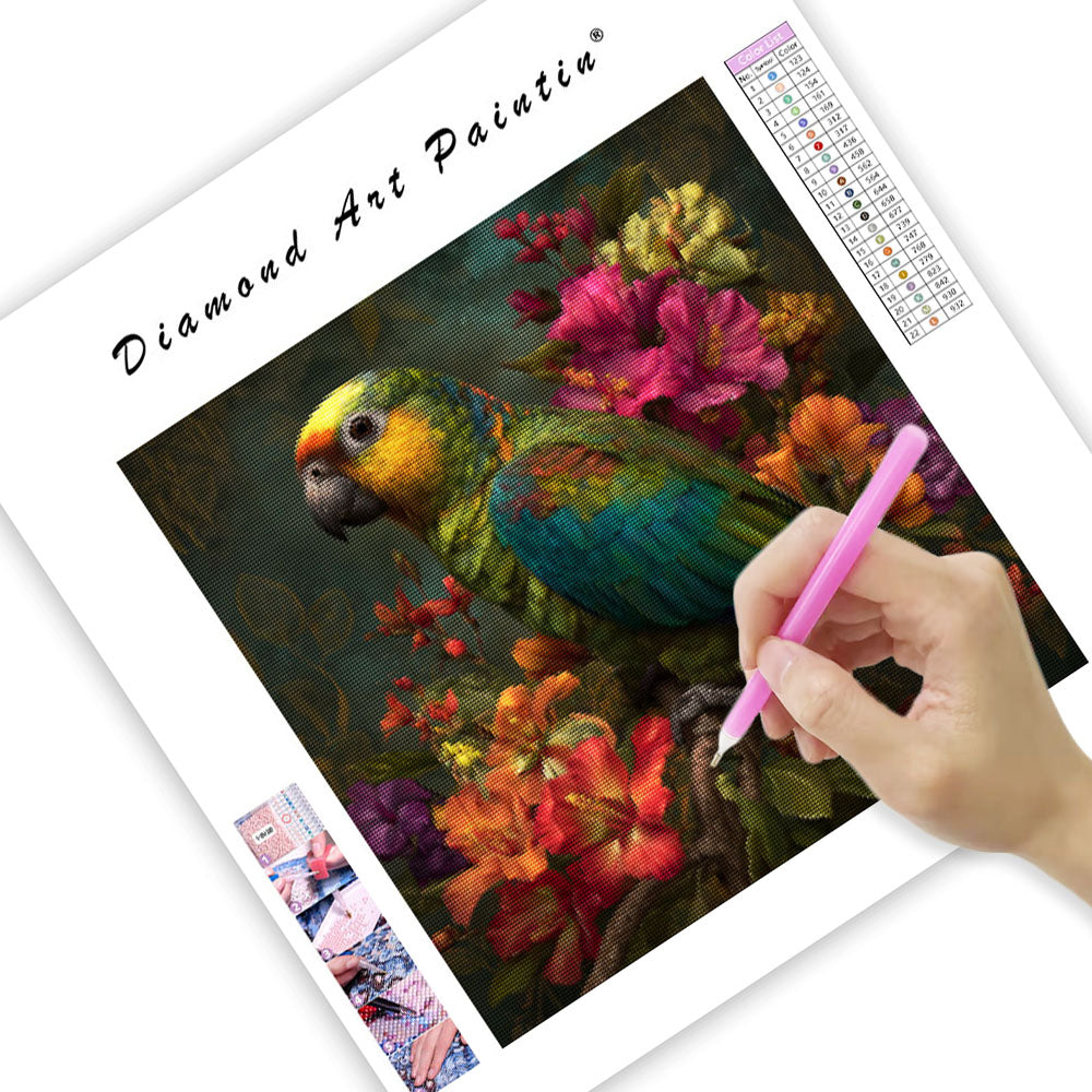 Tropisk Papegoja och Blommor - Diamantmålning