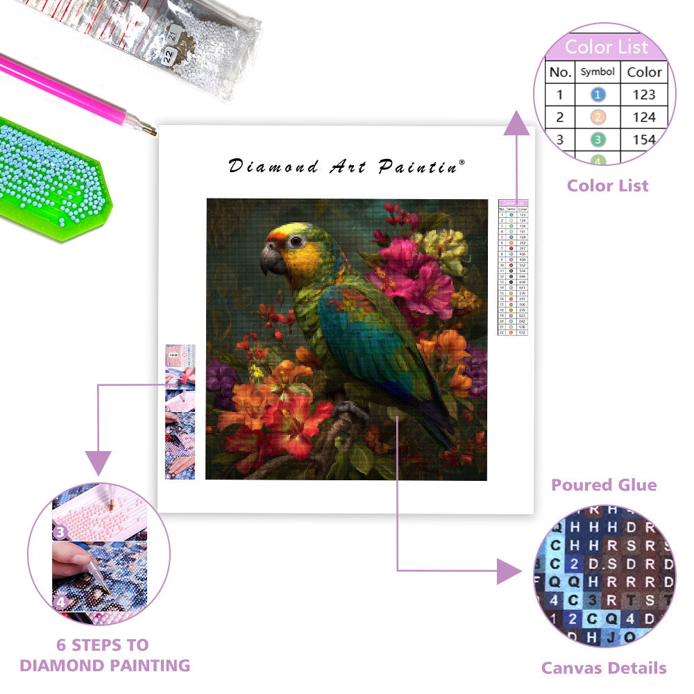 Tropisk Papegoja och Blommor - Diamantmålning