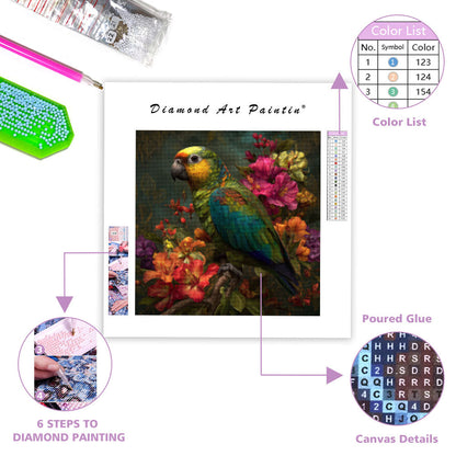 Tropisk Papegoja och Blommor - Diamantmålning