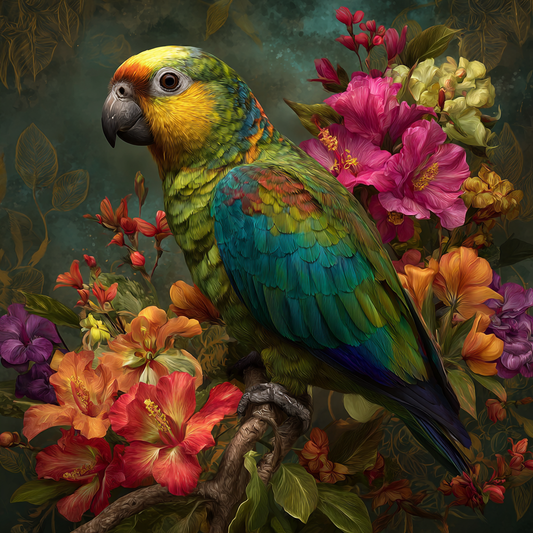 Tropisk Papegoja och Blommor - Diamantmålning