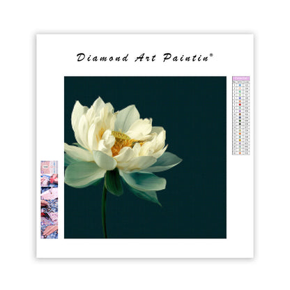 Vit Lotus på Grön Bakgrund - Diamantmålning