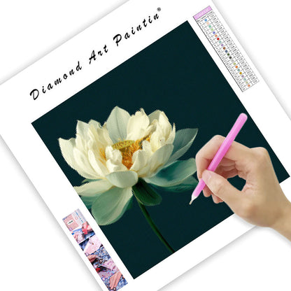 Vit Lotus på Grön Bakgrund - Diamantmålning