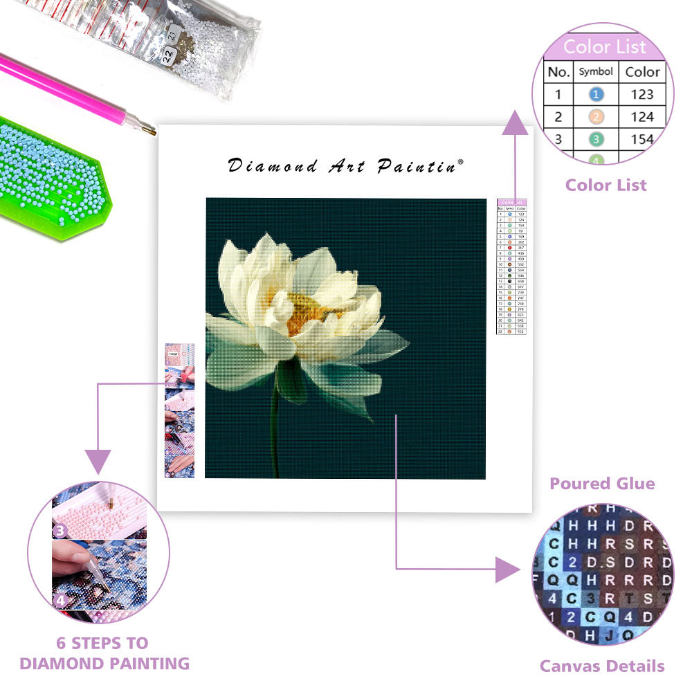 Vit Lotus på Grön Bakgrund - Diamantmålning