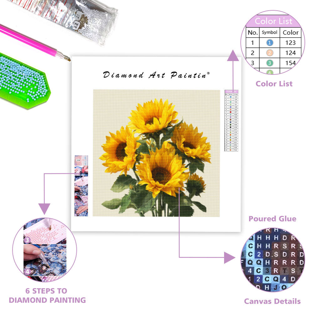 Gul Solrosbukett - Diamantmålning