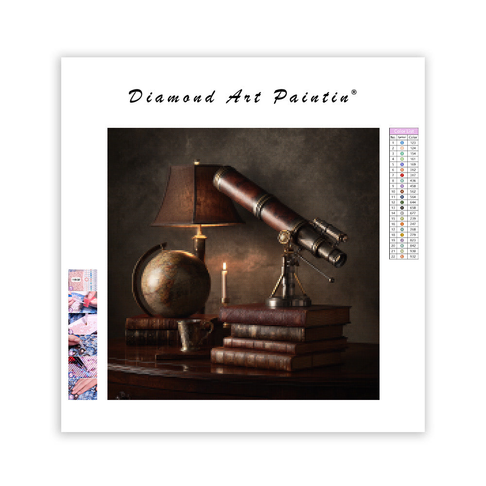 Antik jordglob och teleskop - Diamantmålning