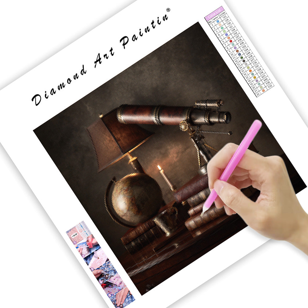 Antik jordglob och teleskop - Diamantmålning