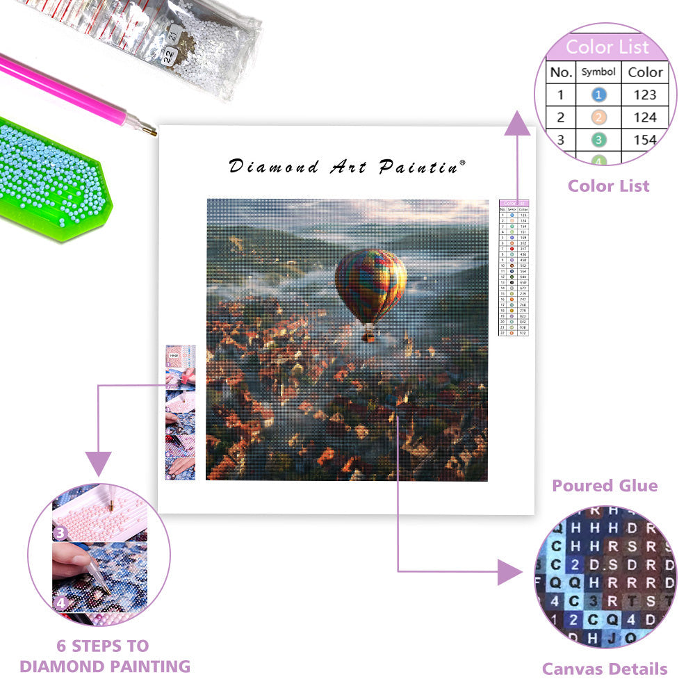 Ballong över europeisk stad - Diamantmålning