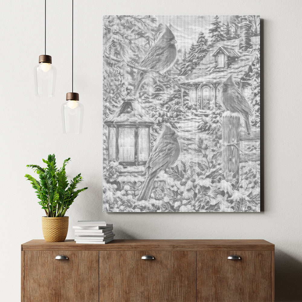 Vinterstuga med kardinalfågel - Prickmålning