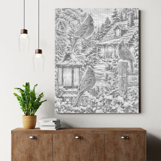 Vinterstuga med kardinalfågel - Prickmålning