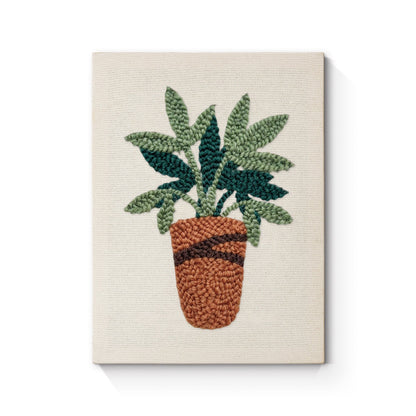 Frodiga gröna blad i kruka – Punch needle-broderi