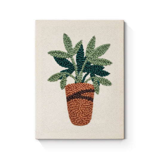 Frodiga gröna blad i kruka – Punch needle-broderi