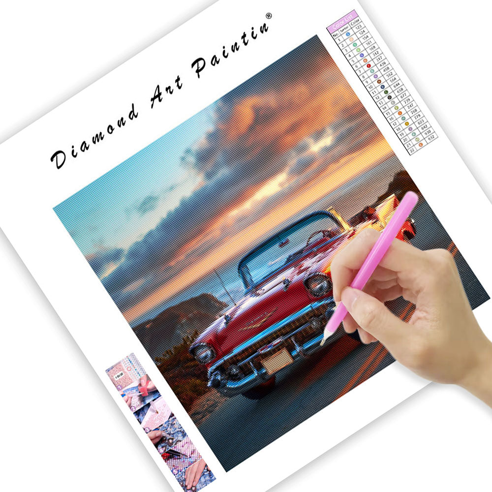 Röd veteran-cabriolet – Diamantmålning