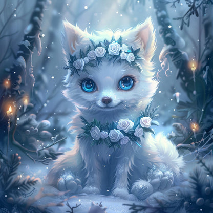 Räv bland snöiga blommor – Diamantmålning