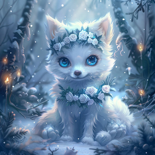 Räv bland snöiga blommor – Diamantmålning