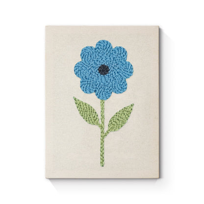Blå blomma med gröna blad – Punch needle-broderi