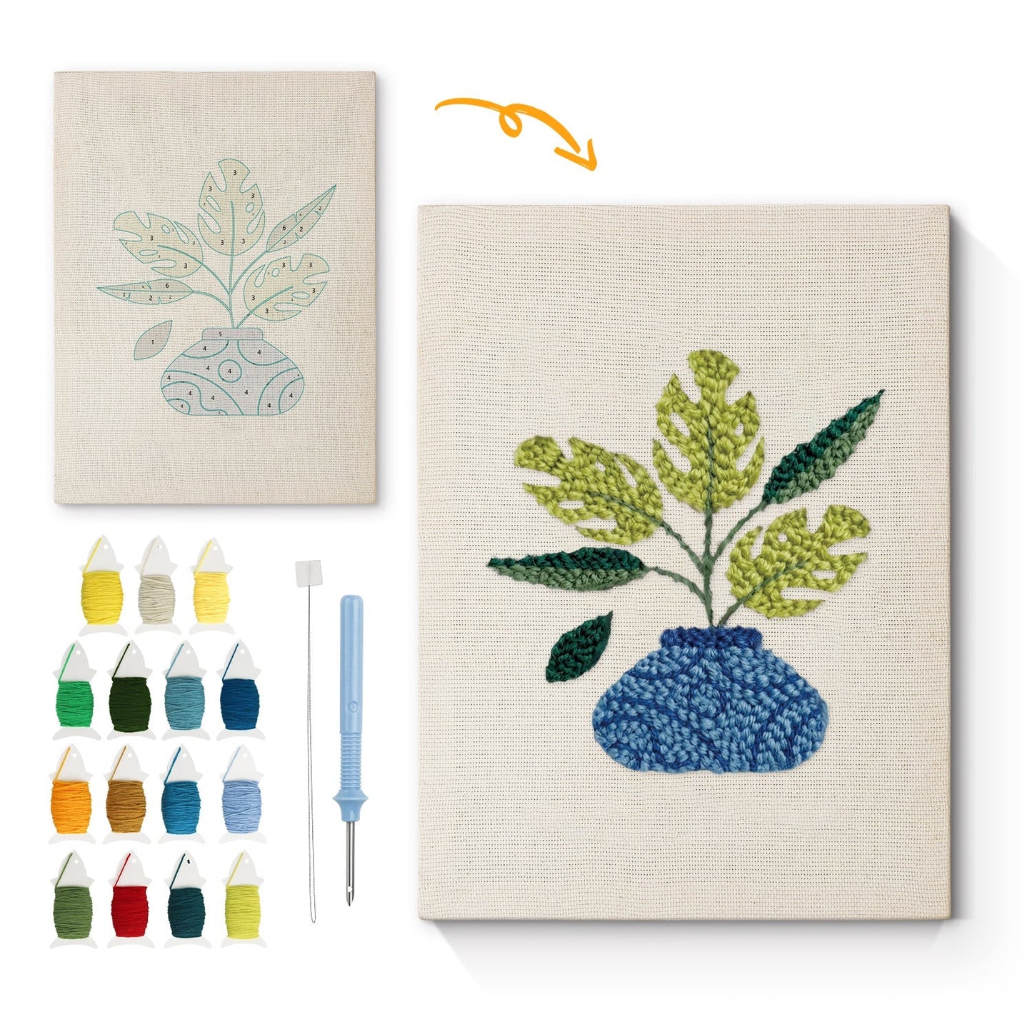 Blomsterarrangemang i blå kruka – Punch needle-broderi