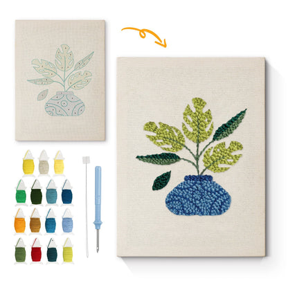 Blomsterarrangemang i blå kruka – Punch needle-broderi