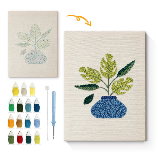 Blomsterarrangemang i blå kruka – Punch needle-broderi