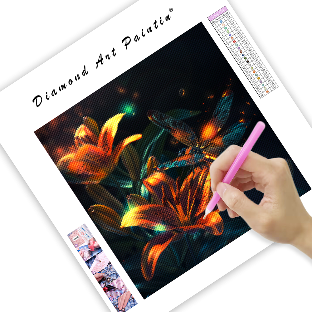 Trollslända nära livfulla orangea liljor - Diamond Painting
