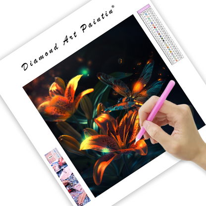 Trollslända nära livfulla orangea liljor - Diamond Painting