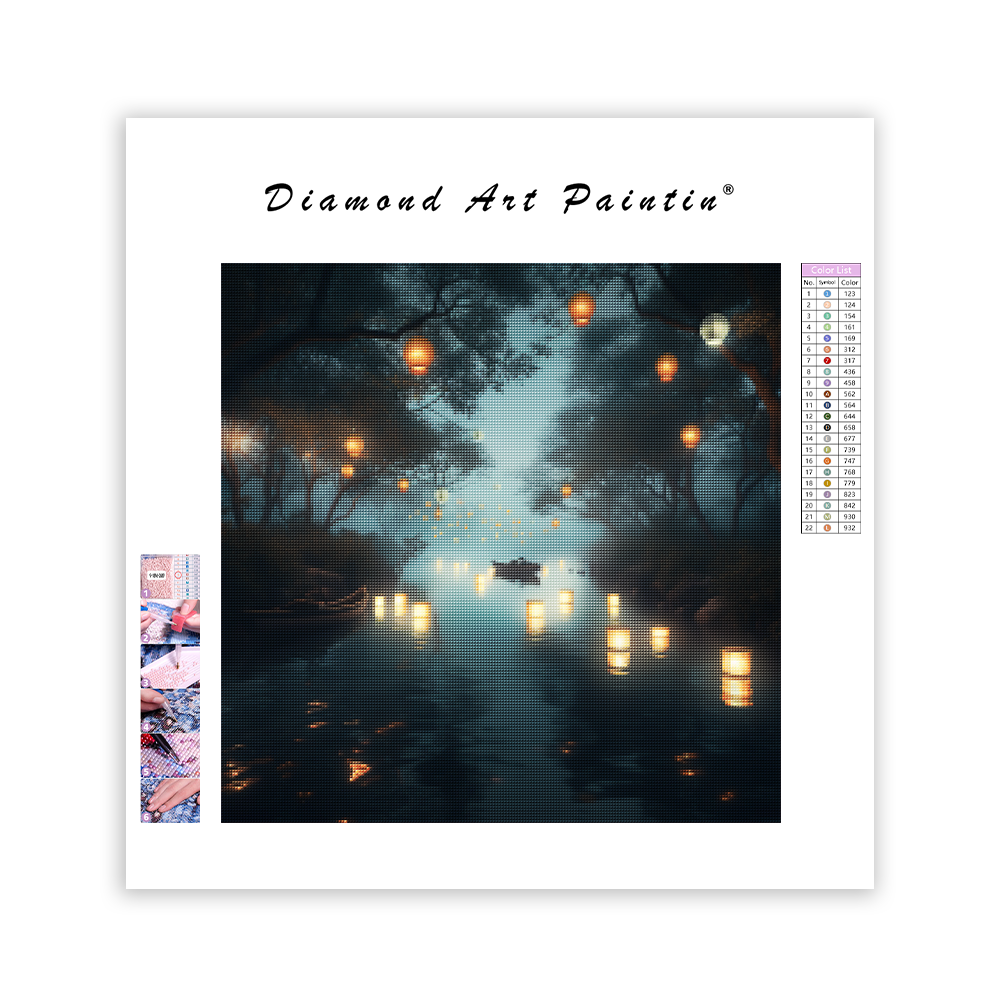 Flytande lyktor på en dimmig flod - Diamond Painting