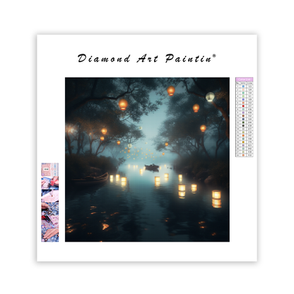 Flytande lyktor på en dimmig flod - Diamond Painting