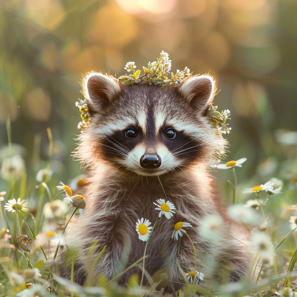 Tvättbjörn bland blommor – Diamantmålning